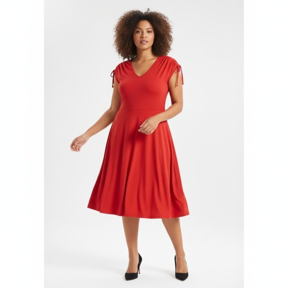 Betabrand Dress Womens 3X Red Marilyn Red Knee Length Stretch Comfort V Neck